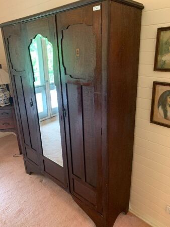 Antique Silky Oak Wardrobe with Marquetry Inlay to Doors and Shaped Bevelled Mirror to Centre