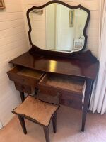 Antique Silky Oak Kneehole Dresser with 4 Drawers and Bevelled Shaped Mirror Above + Upholstered Stool - 2