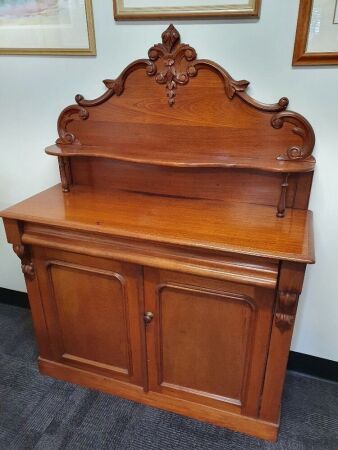 Antique Red Cedar Chiffonier with 2 Doors Below Single Drawer and Carved Back