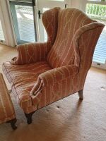 Studded Upholstered Wingback Armchair with Footstool - Some Wear - 2