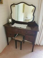 Antique Silky Oak Kneehole Dresser with 4 Drawers and Bevelled Shaped Mirror Above + Upholstered Stool - 3