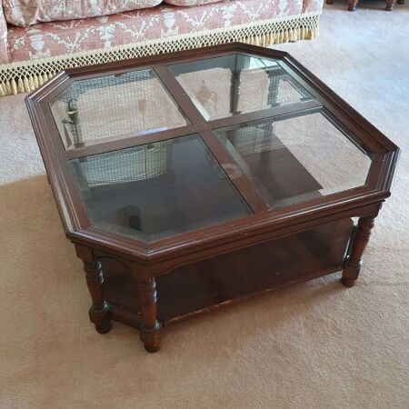 Large Contemporary Timber and Quartered Bevelled Glass Coffee Table