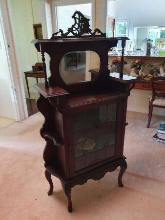 Victorian Mahogany Display Cabinet with Bevelled Mirror at Top and Leadlight Door Under
