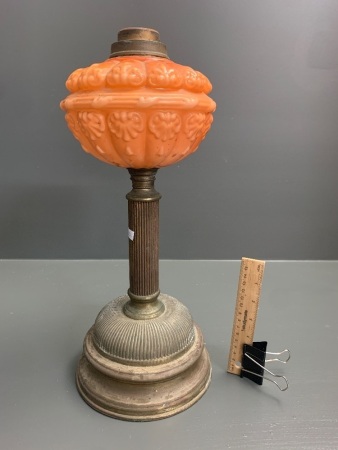 Antique Brass Kero Lamp Base with Orange Pressed Glass Resevoir