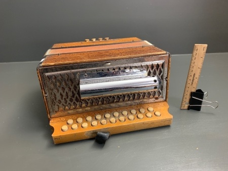 Vintage Hohner Pressed Timber & Chrome Button Accordion in Box