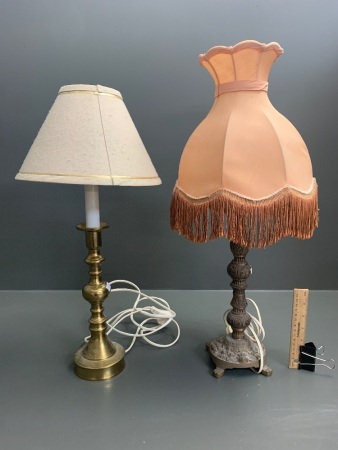 2 x Brass Table Lamps - 1 Vintage Cast 1 Candlestick Design