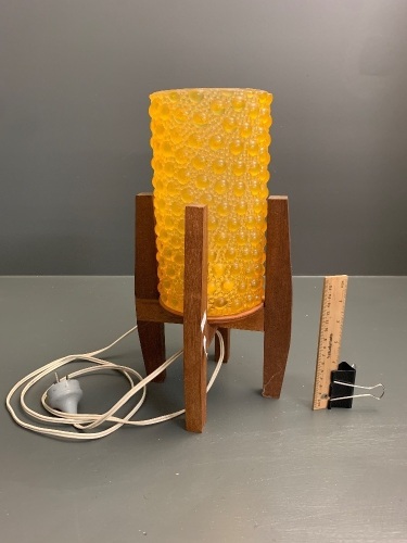 Mid Century Rocket Style Teak Framed Table Lamp with Orange Hobnail Plastic Shade