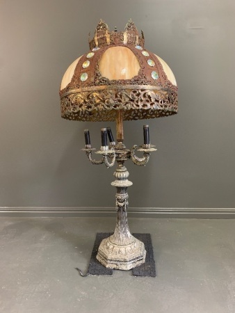 XL Cast Alloy Lamp/Candelabra with Huge Ornate Metal and Glass Shade