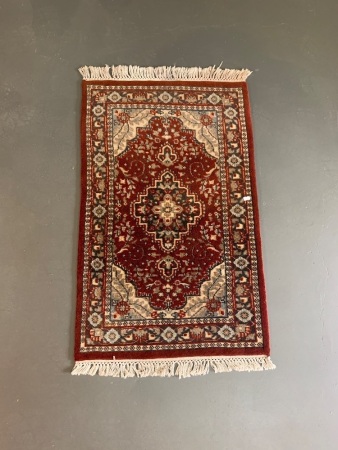 Small Hand Knotted Wool Rug in Red and Pale Blue