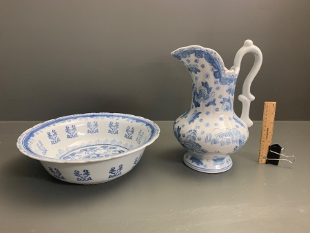 Contemporary Blue and White Stoneware Jug and Washbasin