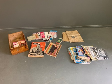 Vintage Timber Crate inc. Old Newspapers, Magazines, Pamphlets, Postcards Etc