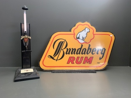 Vintage Bundy Rum Sign on Perspex + Jim Beam Nip Pourer - Sign App. 700mm Wide