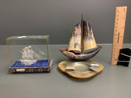 Mid Century Horn Boat Ashtray + Glass Cased Silver Filligree Boat