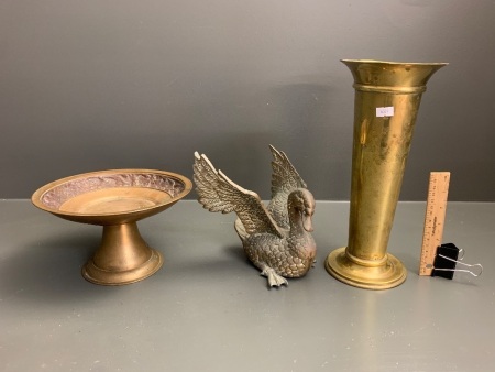 Vintage Pellegrini Brass Vase, Solid Brass Duck + Brass and Copper Tazza