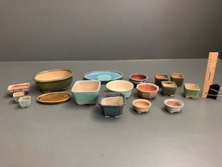 Asstd Lot of Mini Glazed Bonsai Pots and Saucers - App. 17 Pieces