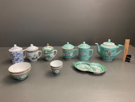 Asstd Lot of Asian Ceramic Tea Pots, Cups, Bowls Etc