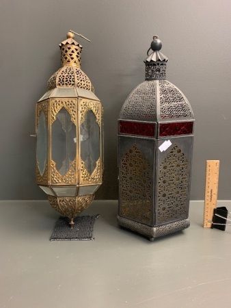 2 As New Contemporary Glass and Metal Hanging Lanterns