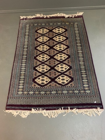 Very Fine Hand-Knotted Persian Wool Rug in Aubergine and Duck Egg Blue with Geometric Design