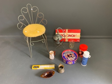 Asstd Lot of Bric-A-Brac inc. Vintage Chair, Games, Tins, Spirit Kettle etc