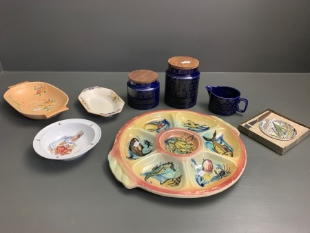 Asstd Box Lot of Ceramics inc. Mid Century Hornsea and Nibbles Plate, Crown Devon etc.