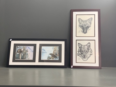 2 Framed Sets of 2 Nature Prints - Birds -Â  Fox & Wolf