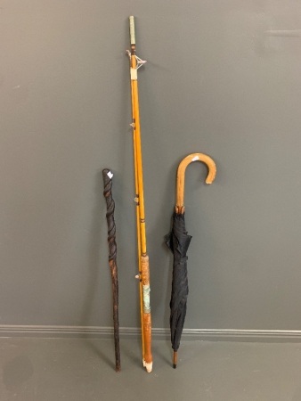 Astd Lot of Vintage Fising Rod, Umbrella and Walking Stick