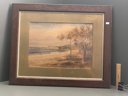 Large Oak Framed Vintage Watercolour of Beach Scene - Signed Bottom Right