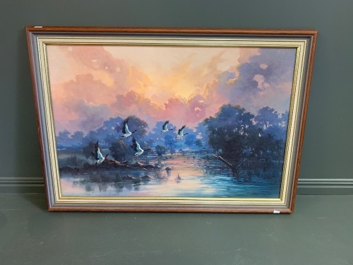 Large Framed Oleograph of Magpie Geese by Sindelar