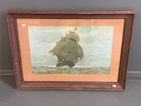Large Vintage Oak Framed Boat Print ' Midnight at Sea' by Jos. Tomanek