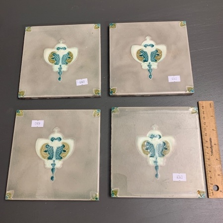 4 Vintage Majolica Art Nouveau Ceramic Tiles