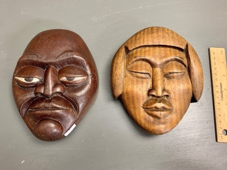 2 Vintage Carved Wall Masks - 1 African Heavy - 1 Asian