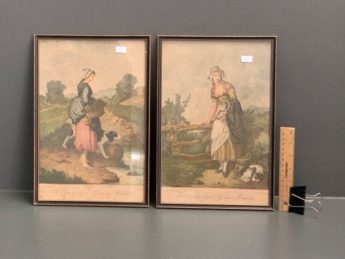 Pair of Antique Framed Coloured Lithographs of The Country Girl