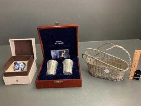 Boxed Royal Selangor Pewter Cups, Boxed Chinese Silver Lined Cup + Silver Ribbon Wire Wine Bottle Basket