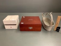 Boxed Royal Selangor Pewter Cups, Boxed Chinese Silver Lined Cup + Silver Ribbon Wire Wine Bottle Basket - 2