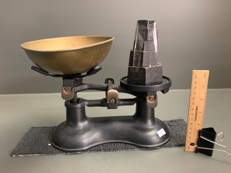 Cast Iron Vintage Balance Scale with Weights and Brass Pan