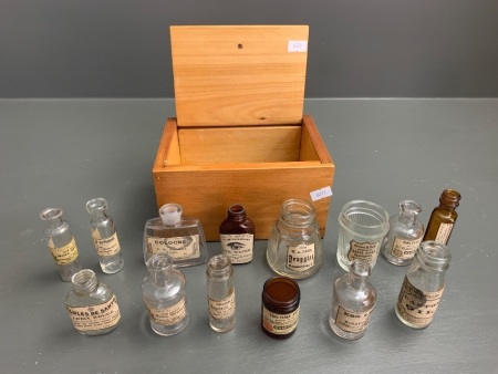 Timber Box of Asstd Miniature Vintage Bottles