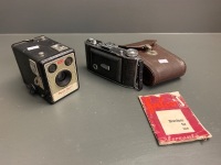 Vintage Kodak Box Brownie Flassh Camera + Italian Ferrania Falco S Bellows Camera c1950's in Original Case - 3