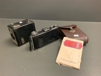 Vintage Kodak Box Brownie Flassh Camera + Italian Ferrania Falco S Bellows Camera c1950's in Original Case - 4