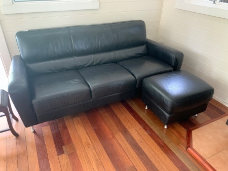 Contemporary 3 Seater Black Leather Sofa and Footstool