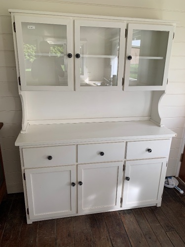 Contemporary White 3 Door 3 Drawer Hutch with 3 Glass Doors Above