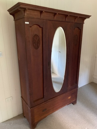 Large Antique Arts and Crafts Solid Red Cedar Wardrobe c1910's with Bevelled Oval Mirror