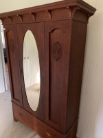 Large Antique Arts and Crafts Solid Red Cedar Wardrobe c1910's with Bevelled Oval Mirror - 2