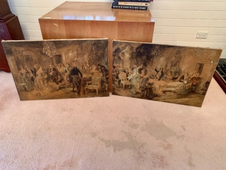 2 Antique French Oleographs on Canvas