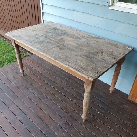 Antique Pine Farmhouse Table on Turned Legs - Top Needs a Little Attention