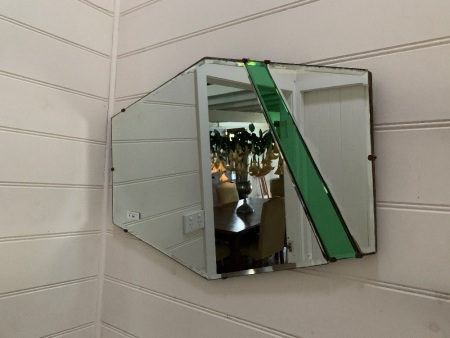 Pair of Art Deco Lozenge Shaped Bevelled Wall Mirrors with Green Mirror Flash