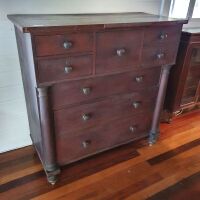 Antique Red Cedar Tall Boy with Hat Drawer and Gun Barrel Columns to Sides