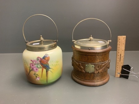 2 Vintage Cookie Jars/Tea Caddies with Silver Plate Lids - 1 Carved Oak - 1 German Porcelain with Birds