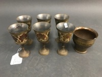 6 Vintage Incised & Painted Brass Goblets & 1 Earlier Brass Bowl 'Made in British India'