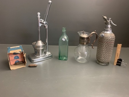 Asstd Lot inc Soda Syphon and Bulbs, Juicer, Old Bottle