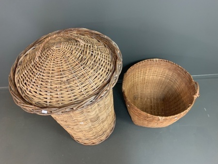 Large Vintage Wicker Laundry Basket with Lid + Sturdy Bamboo Basket with 2 Handles